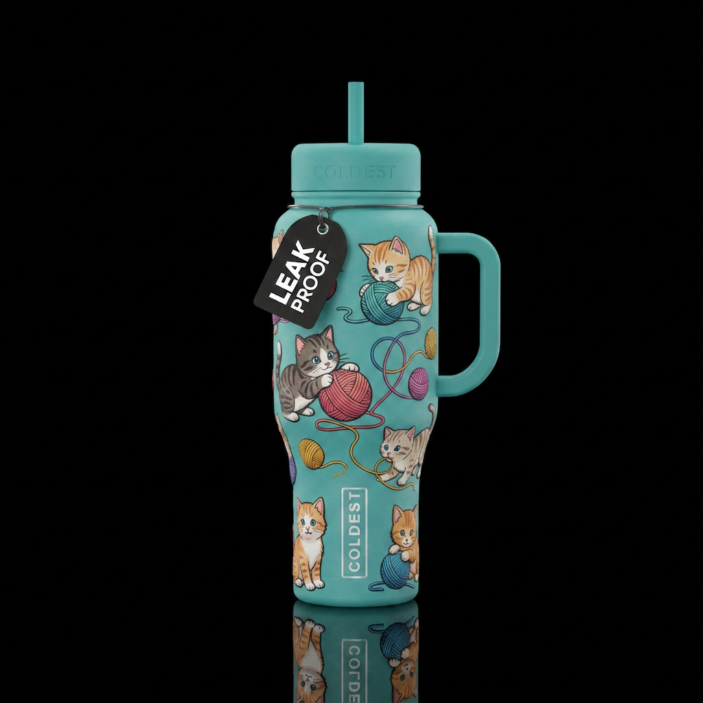 Playful kittens, yarn, water bottle design