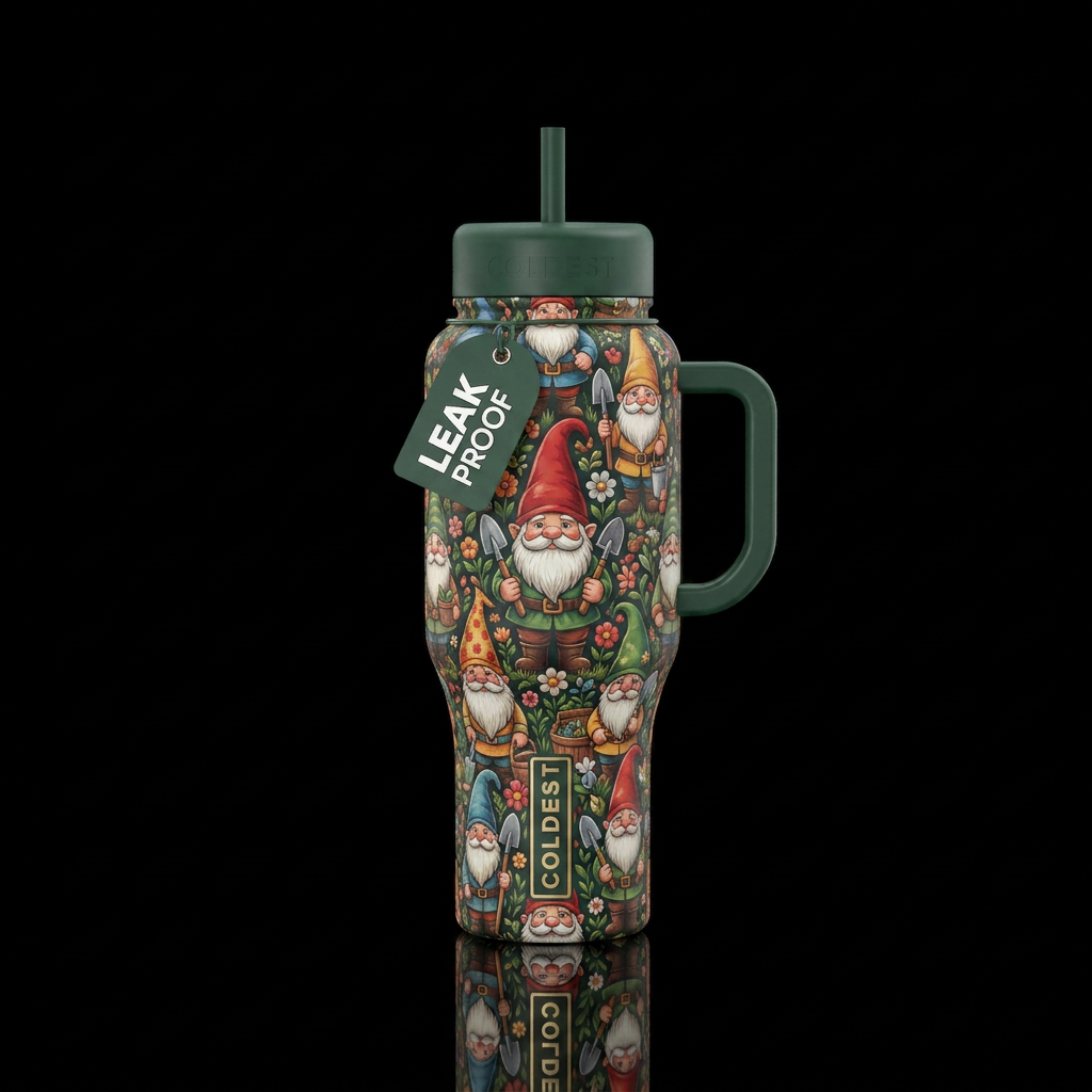 garden gnomes, water bottle design