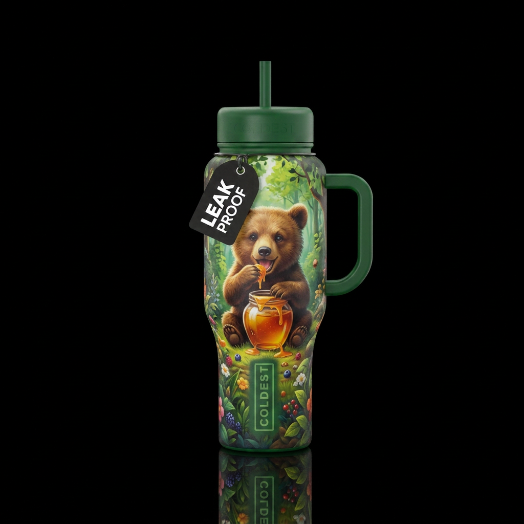 Baby bear eating honey, forest water bottle design