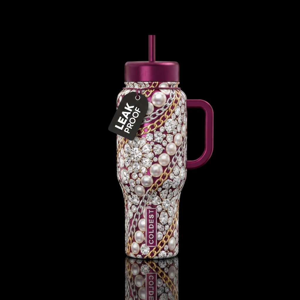 Diamonds, pearls, chain links, shimmer, water bottle design