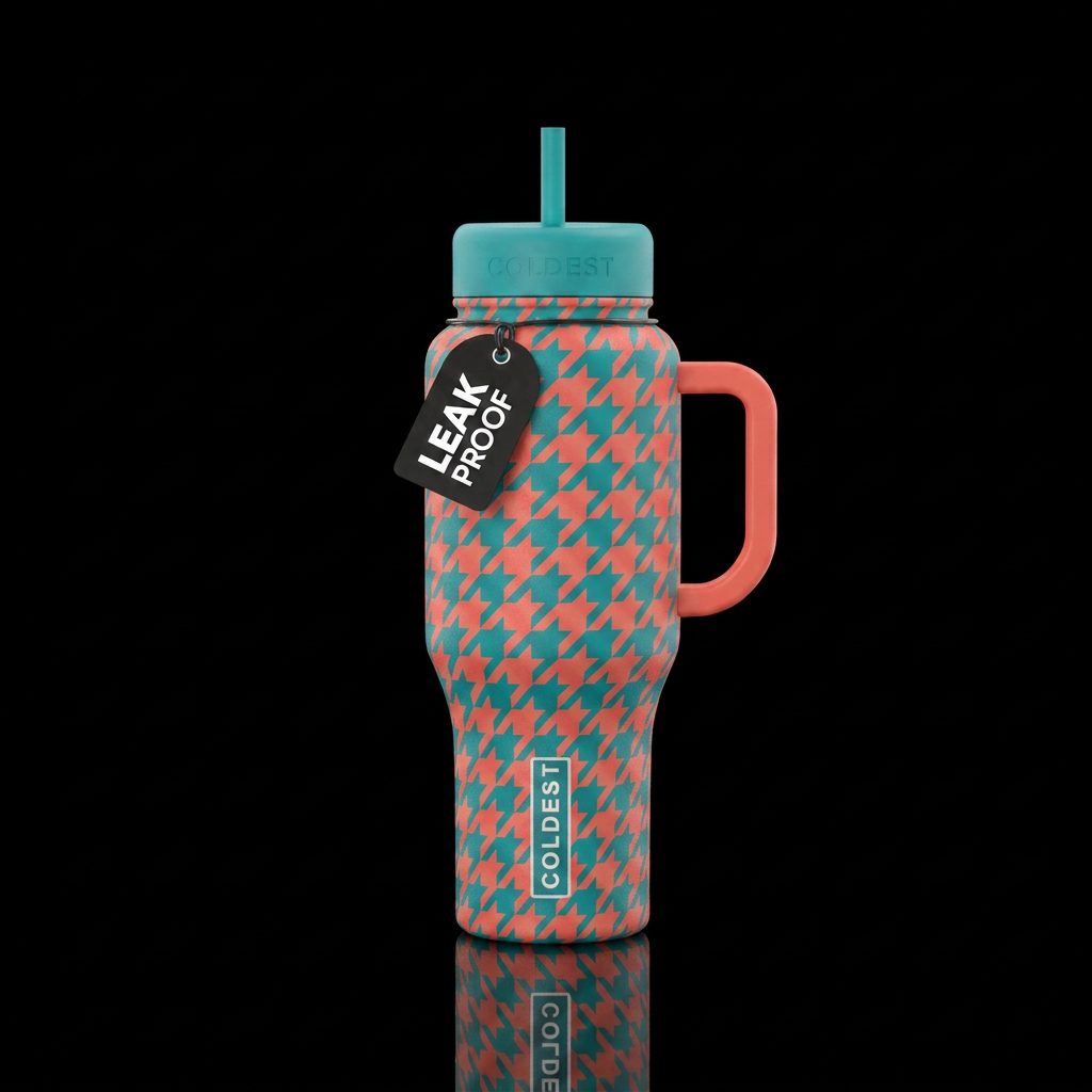 Houndstooth in teal and coral water bottle design