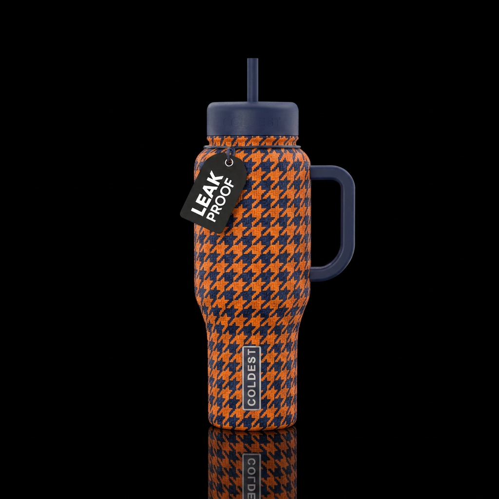 houndstooth in navy blue and vibrant orange water bottle design