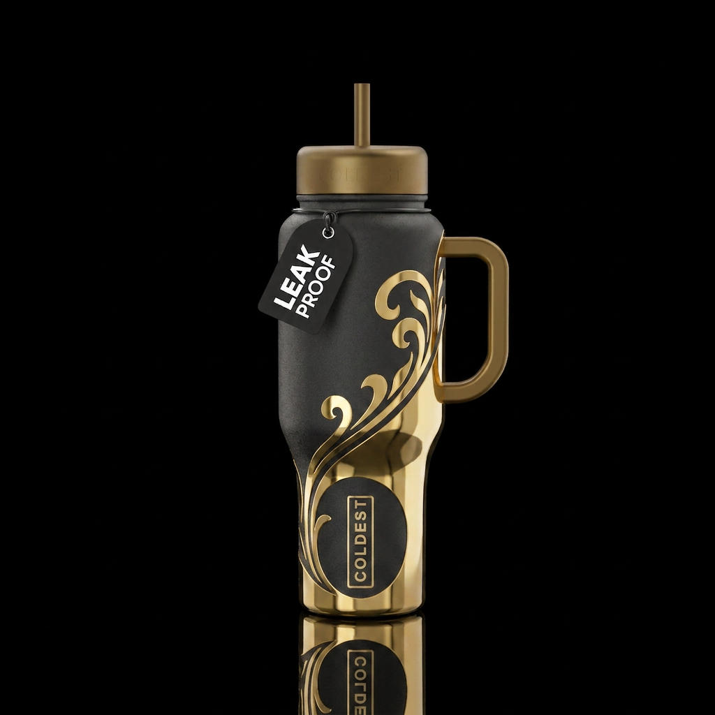 Matte black and glossy gold water bottle design