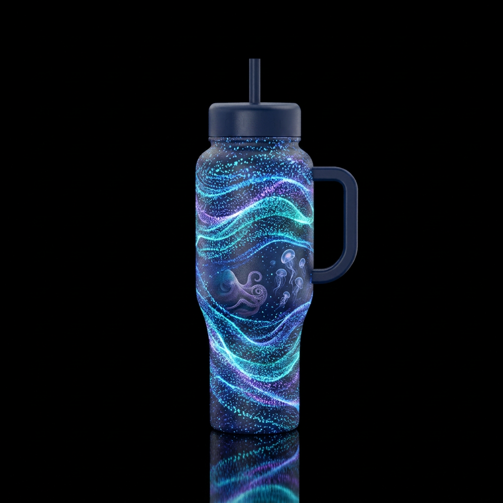 a glowing bioluminescent ocean design. The surface... water bottle design