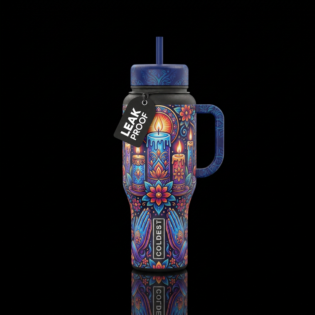 Candles, prayer hands water bottle design
