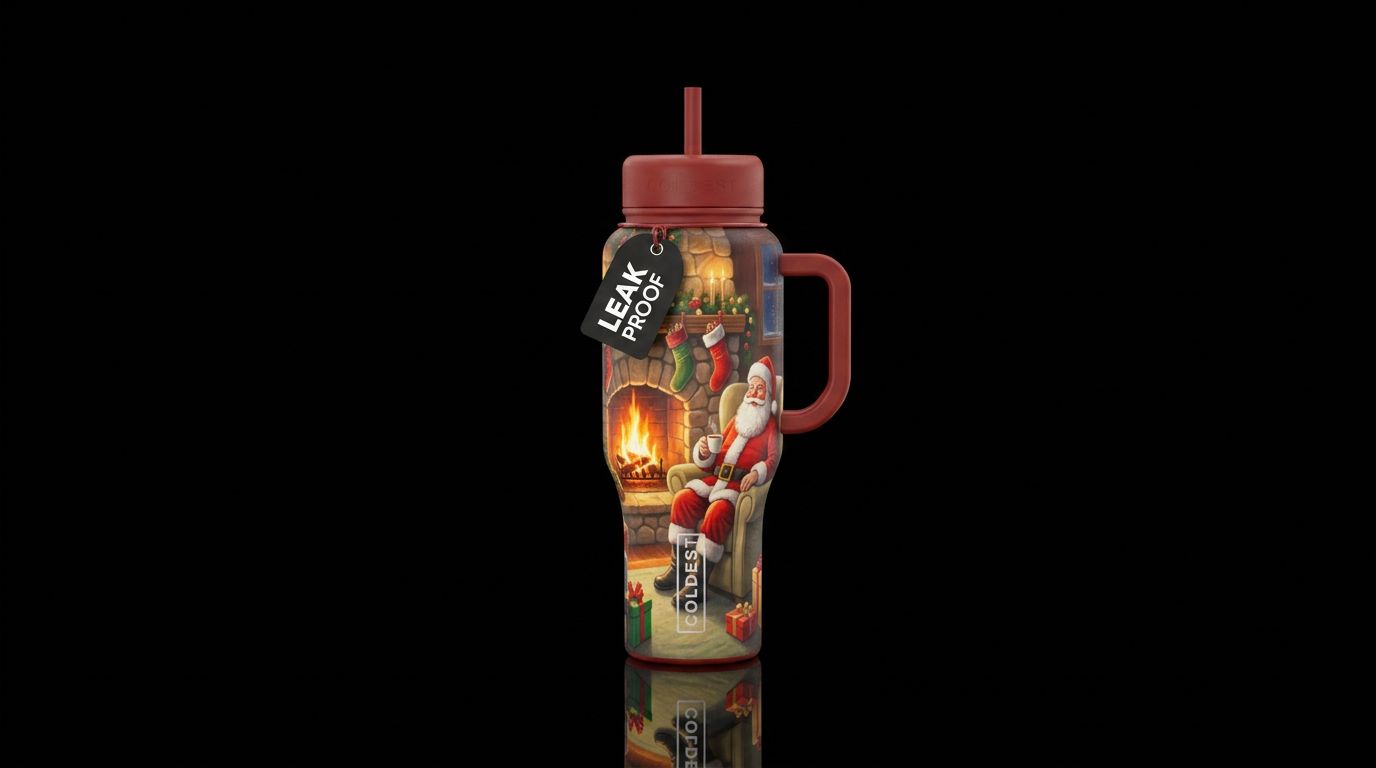 Cozy fireplace, a cute Santa clause sitting in a r... water bottle design