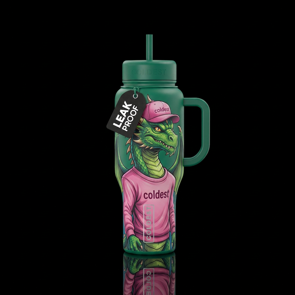 Green dragon with a pink sweatshirt that says “col... water bottle design