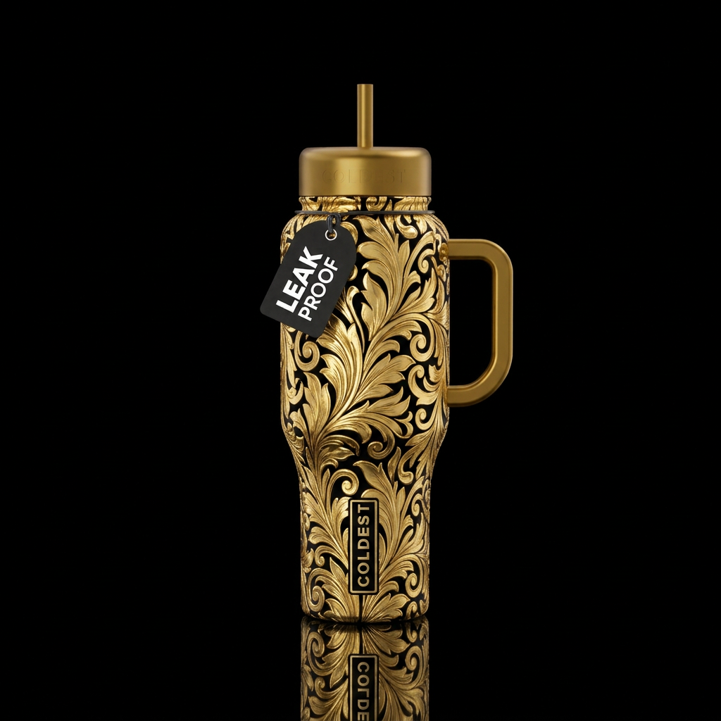 Gold Victorian leaves all over water bottle design