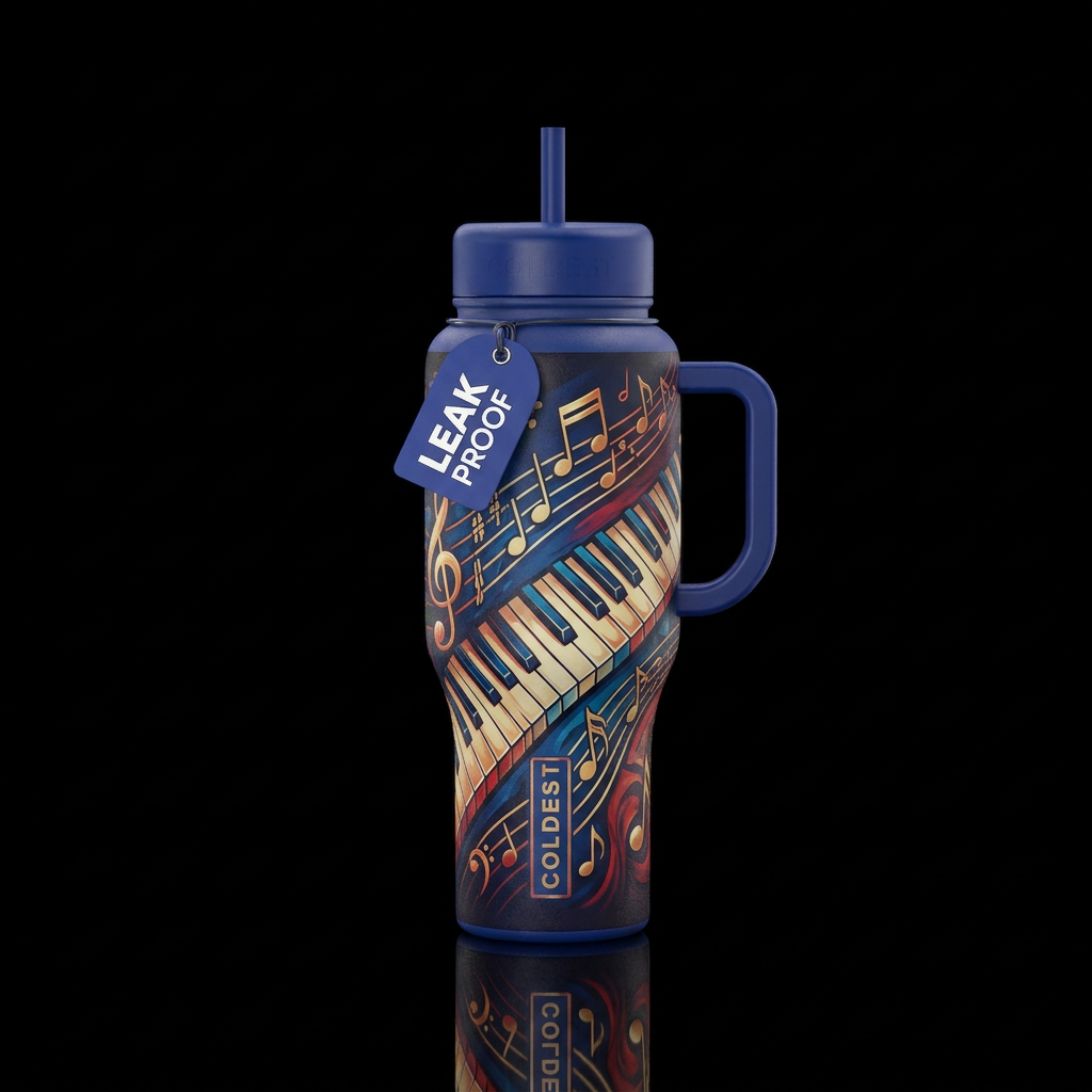 Music notes and piano keys water bottle design