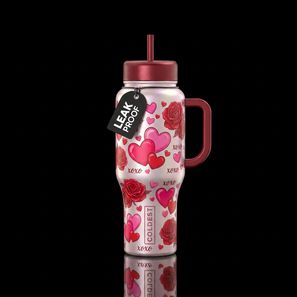 A beautiful valentines bottle with pink and red he... water bottle design
