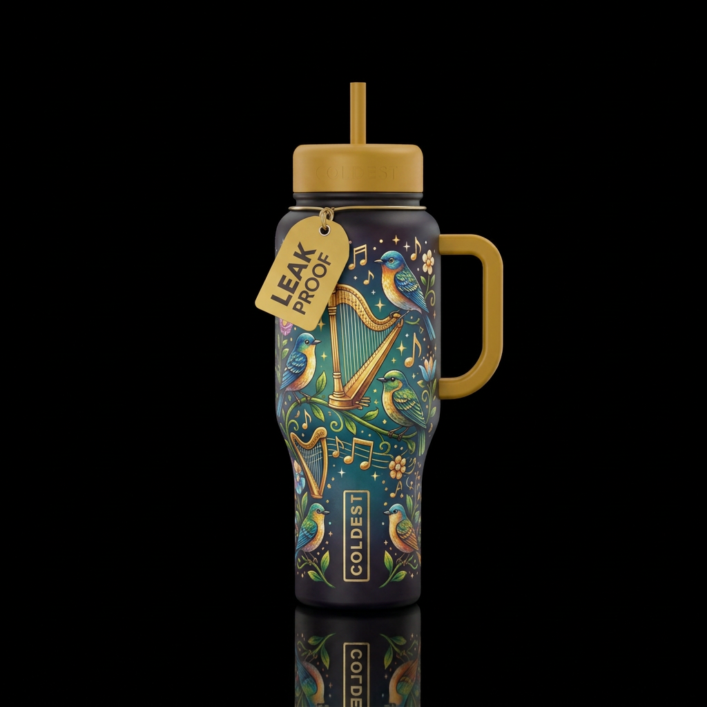 Songbird, golden harps, whimsical water bottle design