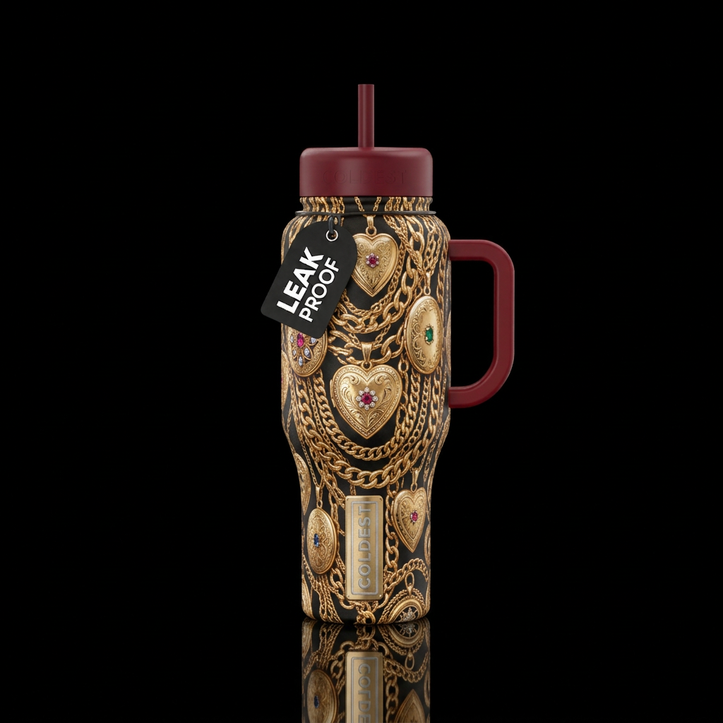 Lockets, gold, chains, pretty water bottle design