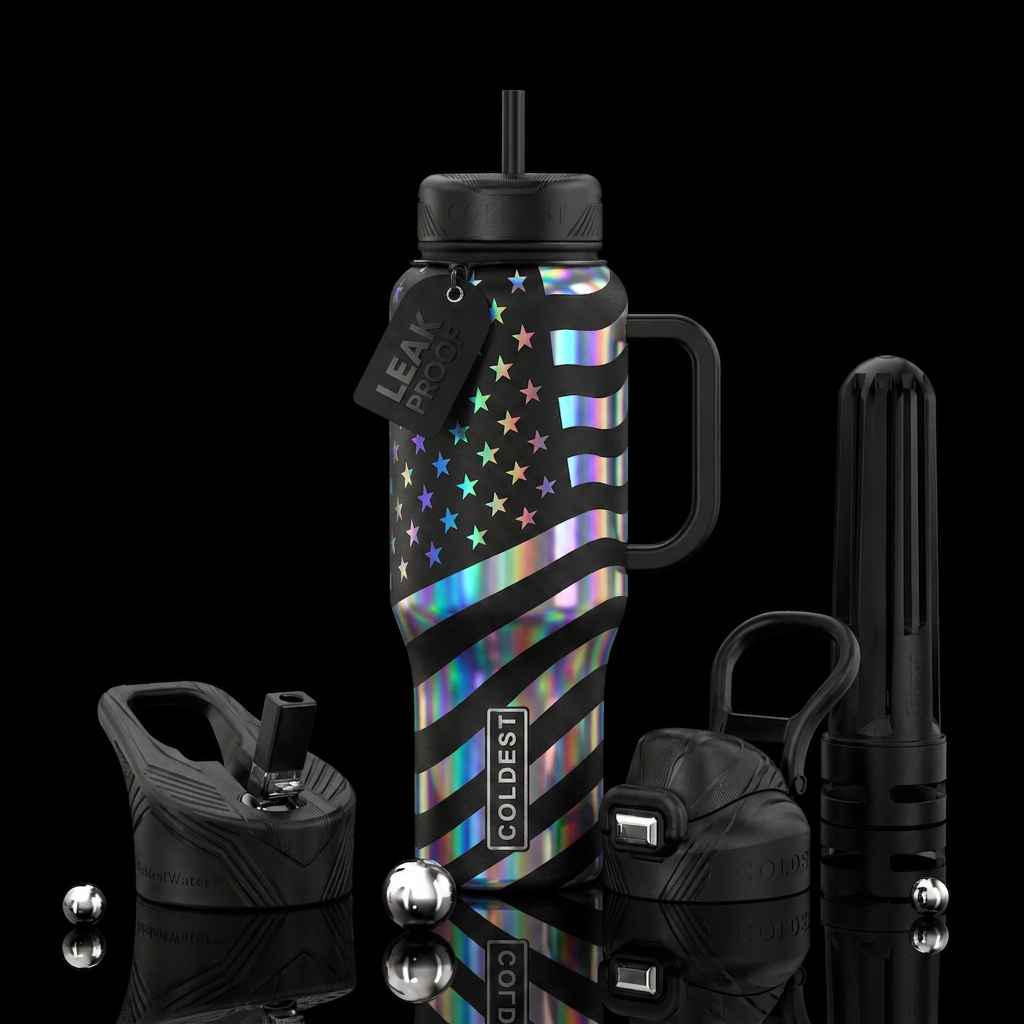 Holographic American flag, black background water bottle design