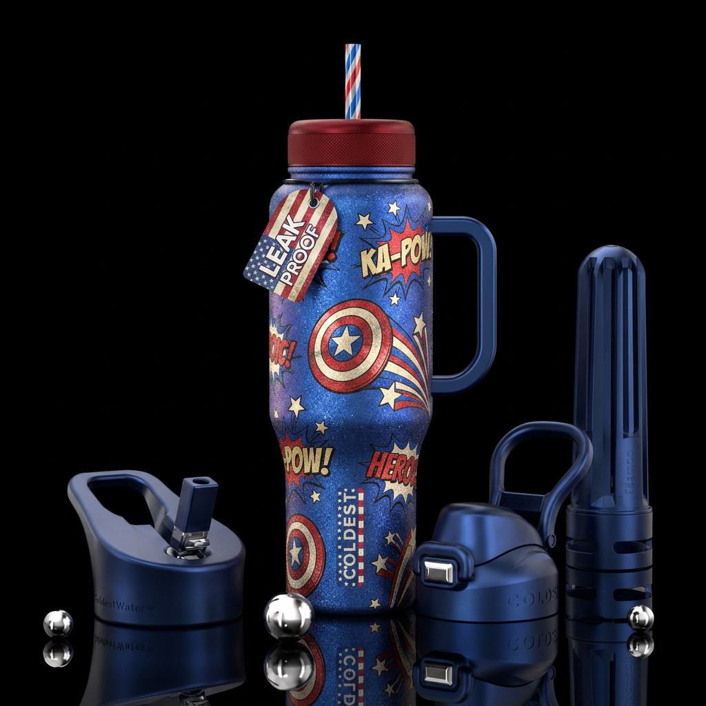 American, sparkle, patriotic, comic book water bottle design