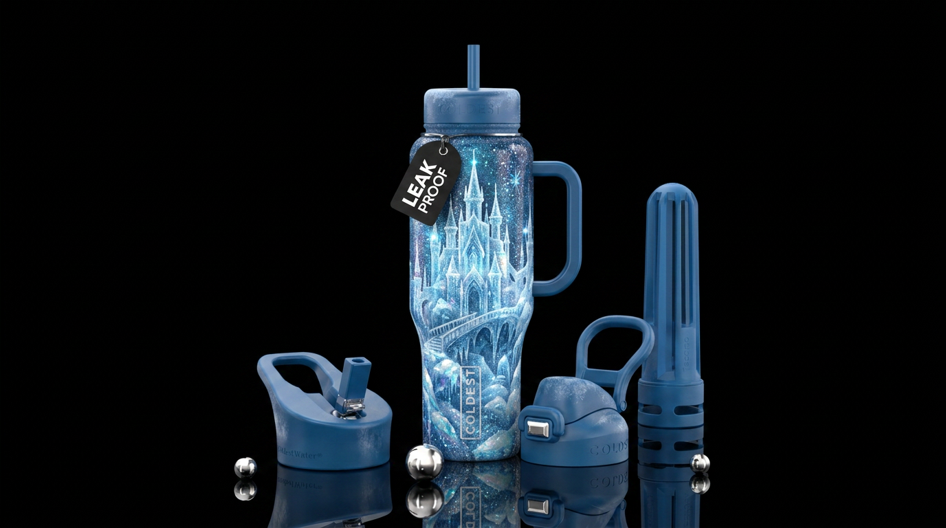 Coldie ice castle, shimmer, sparkle, bright, reali... water bottle design