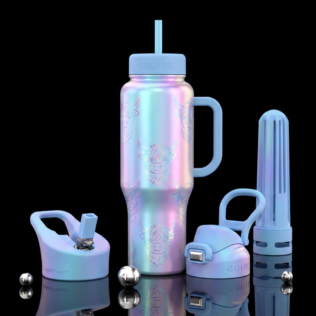 Pastels, bright, colorful, cute, highland cow, hol... water bottle design