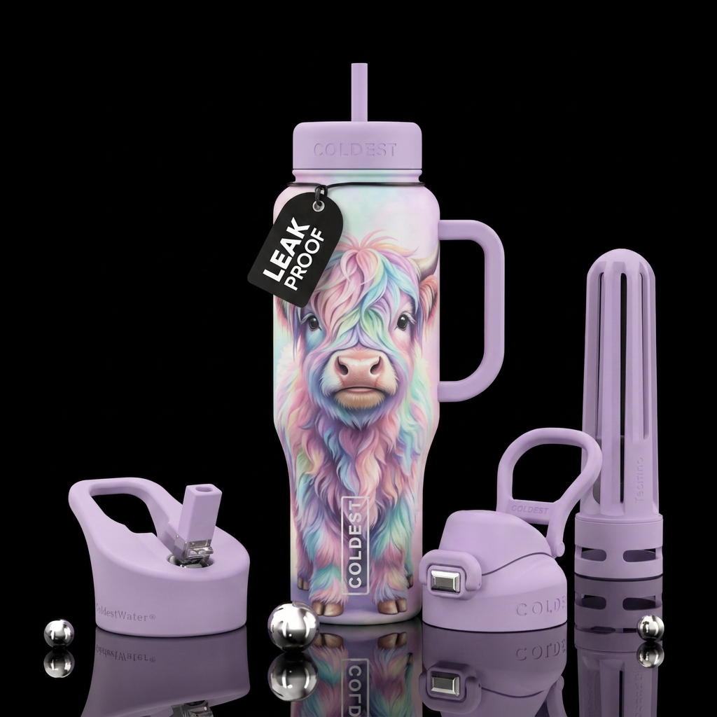 Pastels, bright, colorful, cute, highland cow, rea... water bottle design