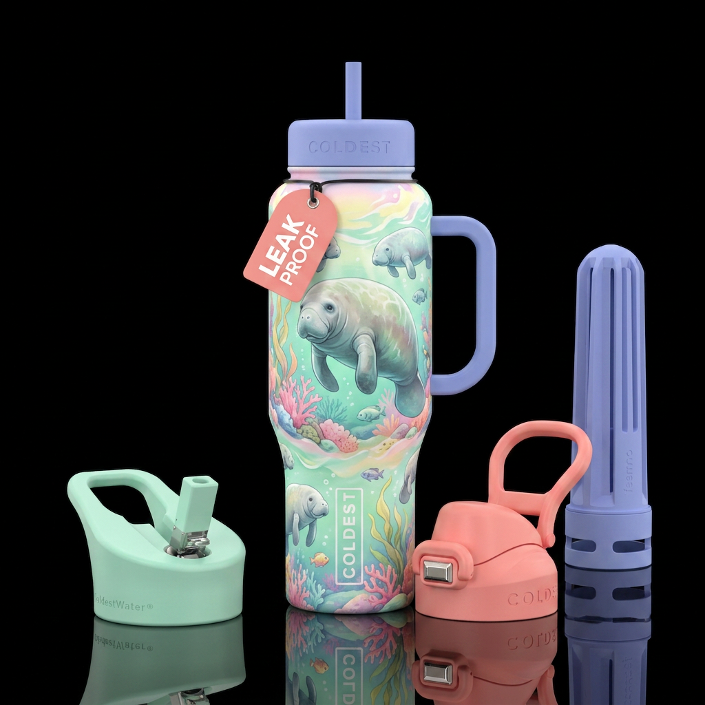 Pastels, bright, colorful, cute, manatee, realisti... water bottle design