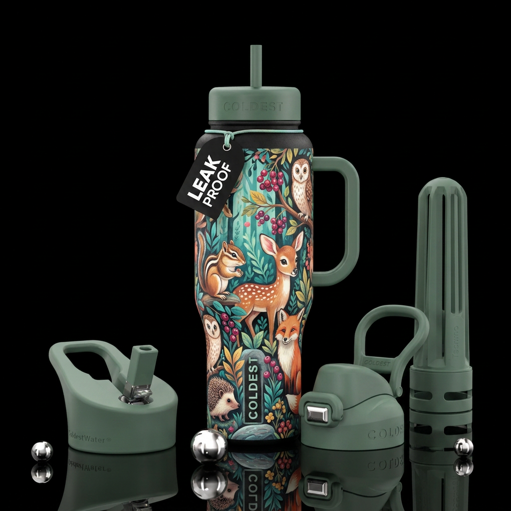 Pastels, bright, colorful, cute, woodland animals,... water bottle design