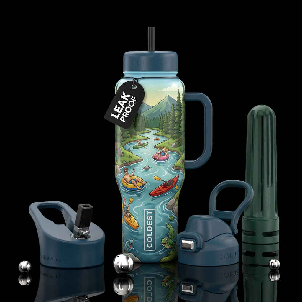 River, cartoon fun, nc river theme, tubes, bright ... water bottle design