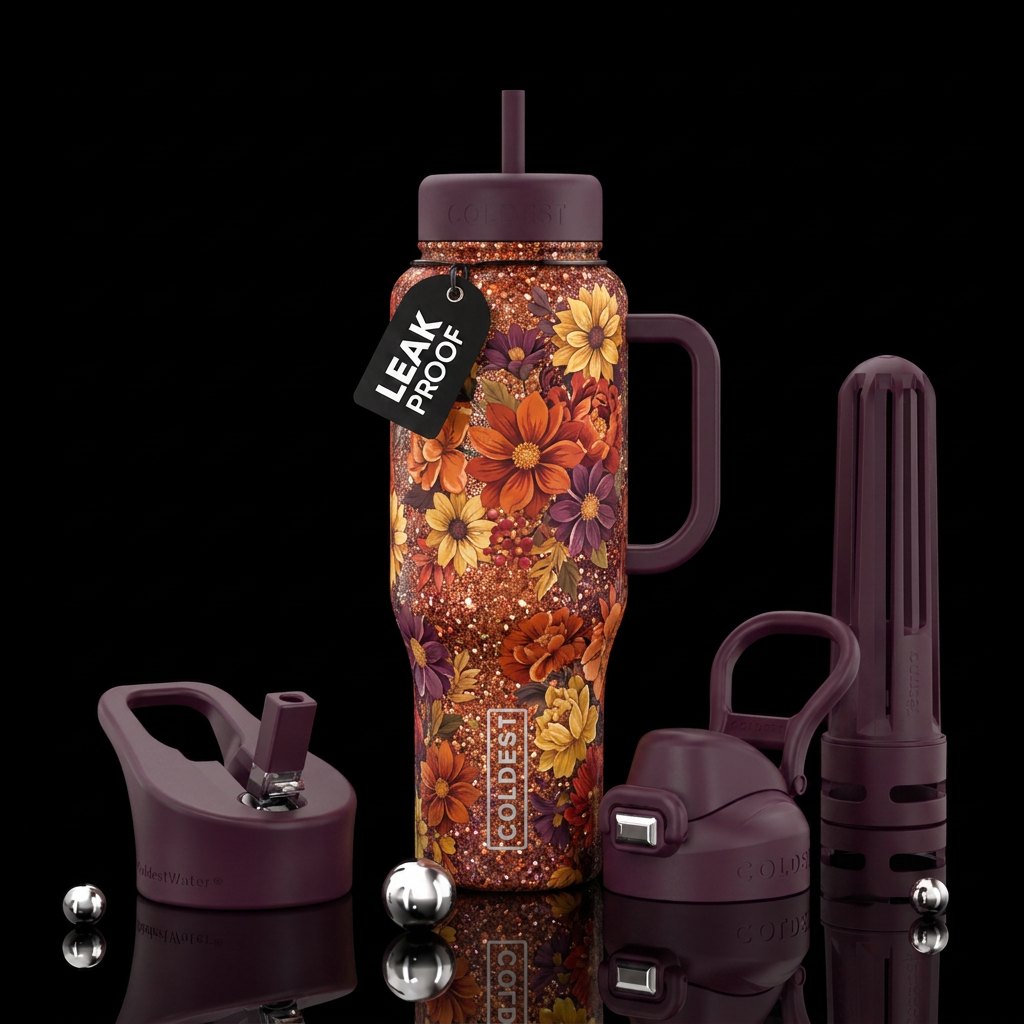 Fall florals, bold colors, sparkle background water bottle design