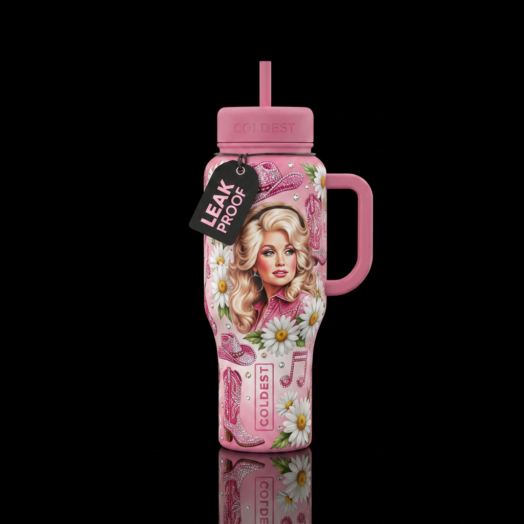 Dolly Parton legacy, realistic, pink, rhinestone c... water bottle design