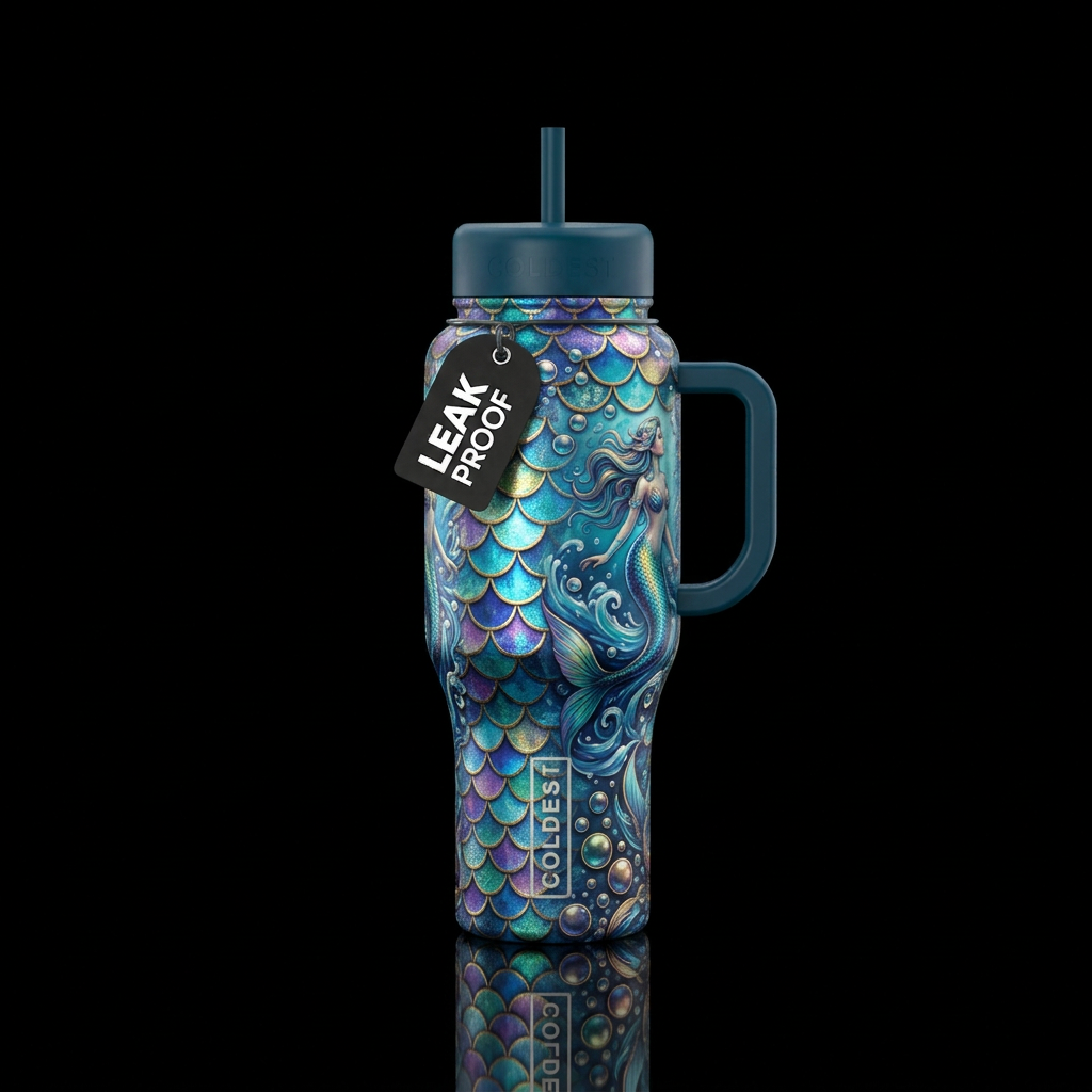 Mythical, mermaid, metallics, bubbles water bottle design