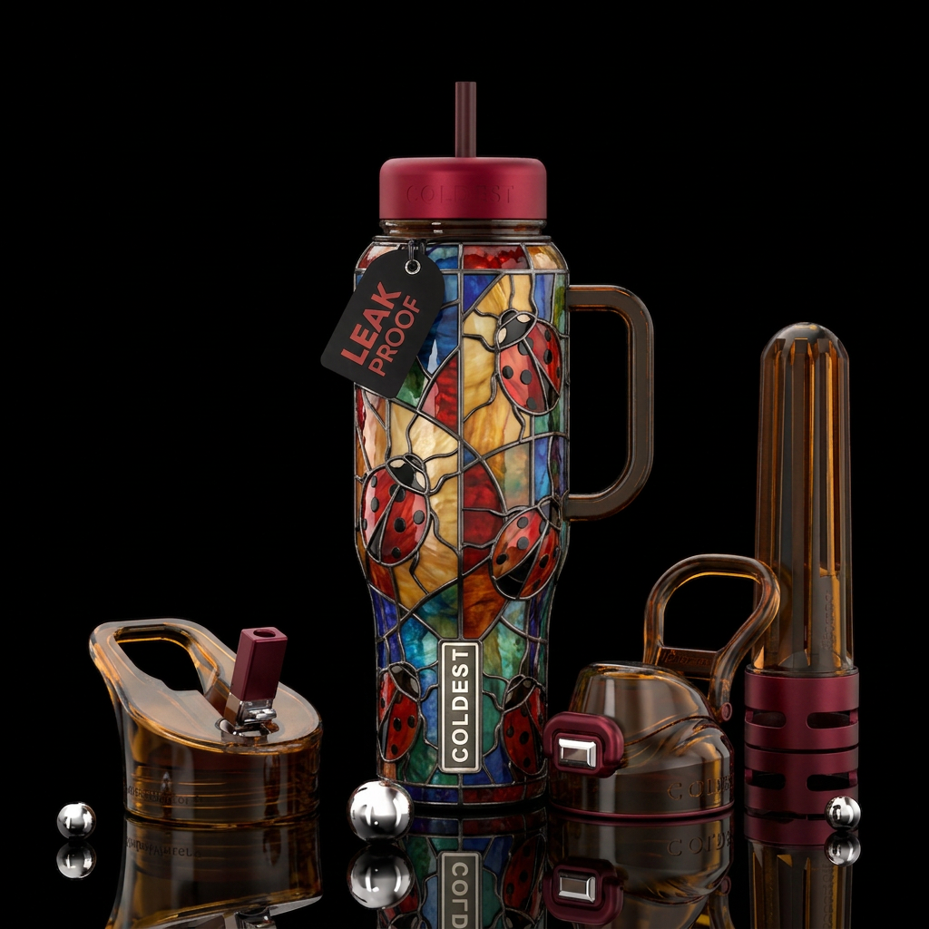 Ladybugs, stained glass water bottle design
