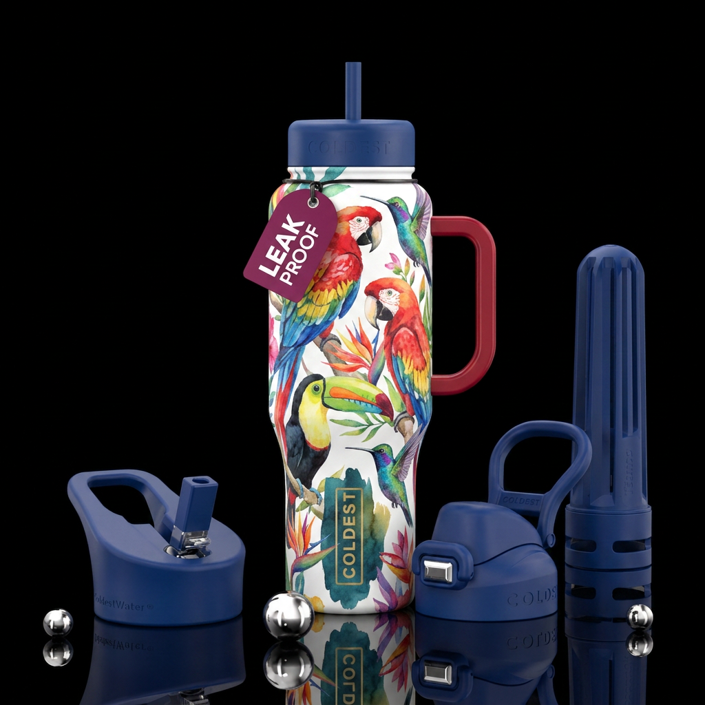 Tropical birds, beautiul, watercolor, birds water bottle design