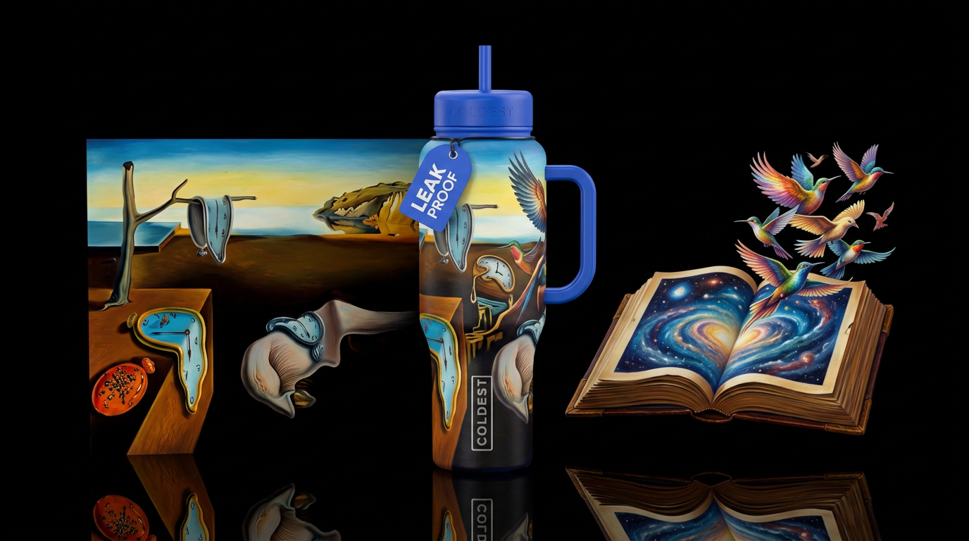 painting Salvador Dali book birds water bottle design