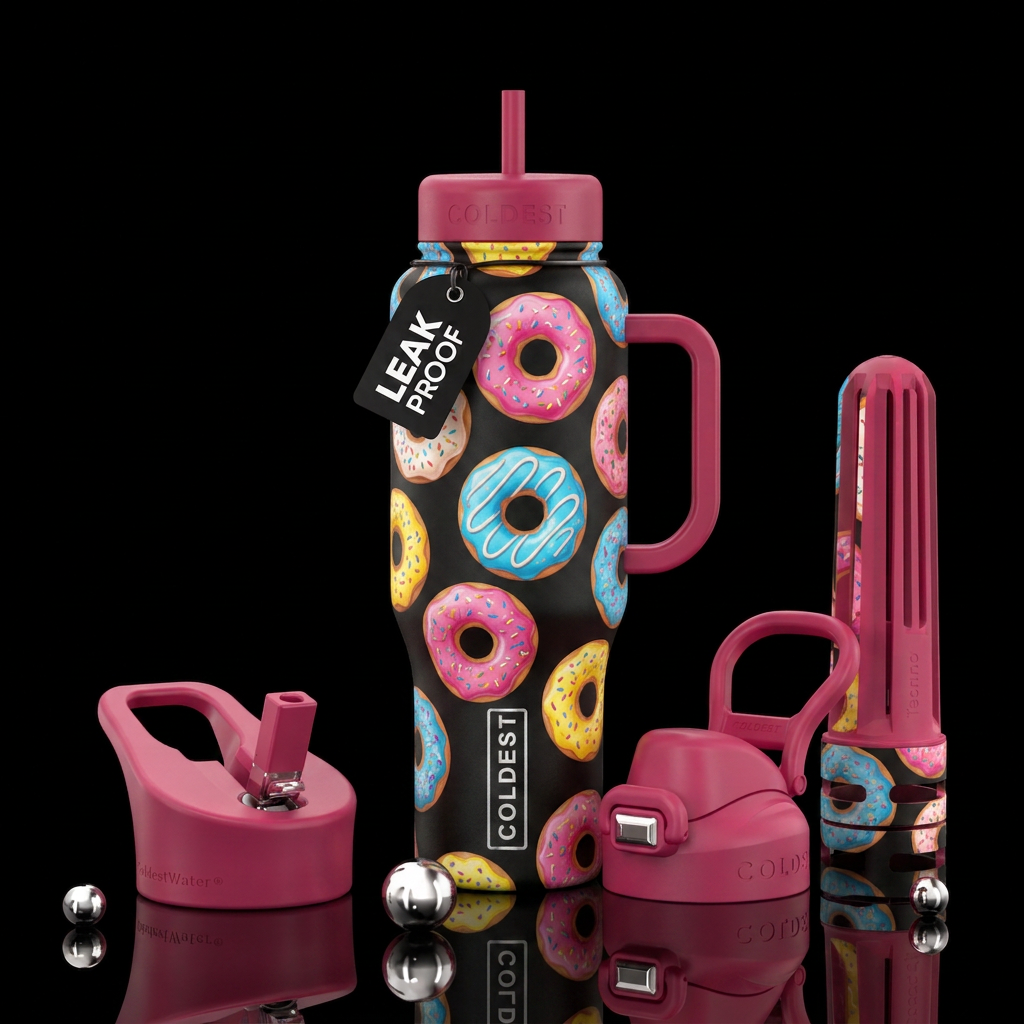 realism, whimsical donuts water bottle design