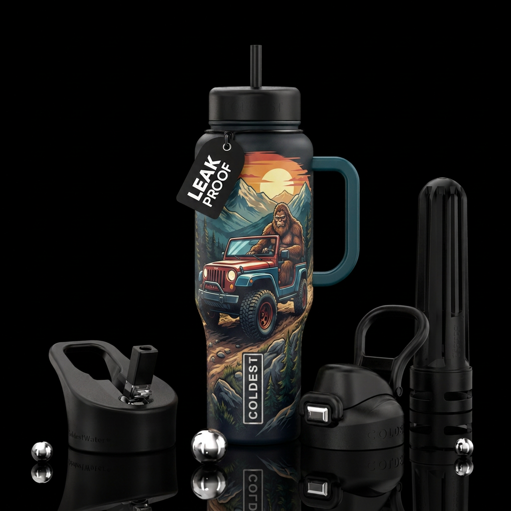 Sasquatch driving a Jeep water bottle design