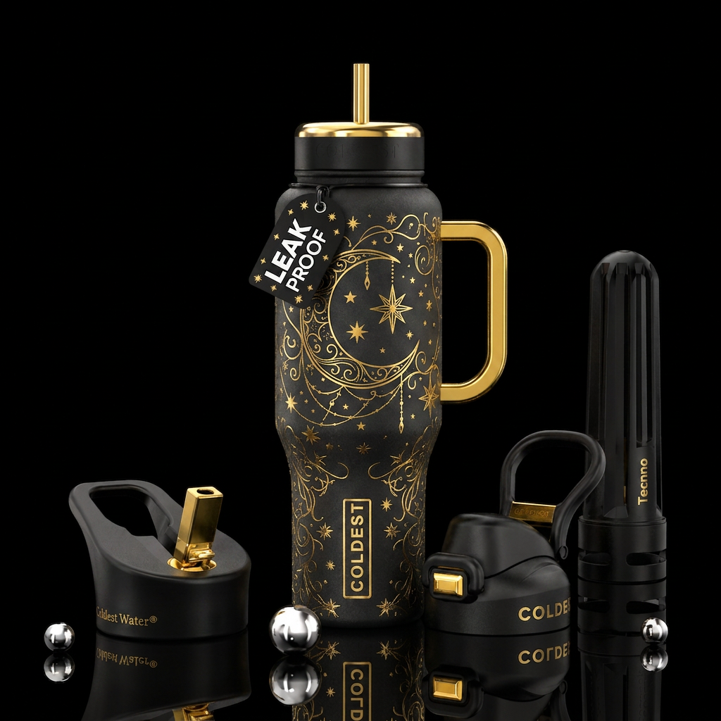 Black bottle with shiny gold handle. Shiny gold de... water bottle design