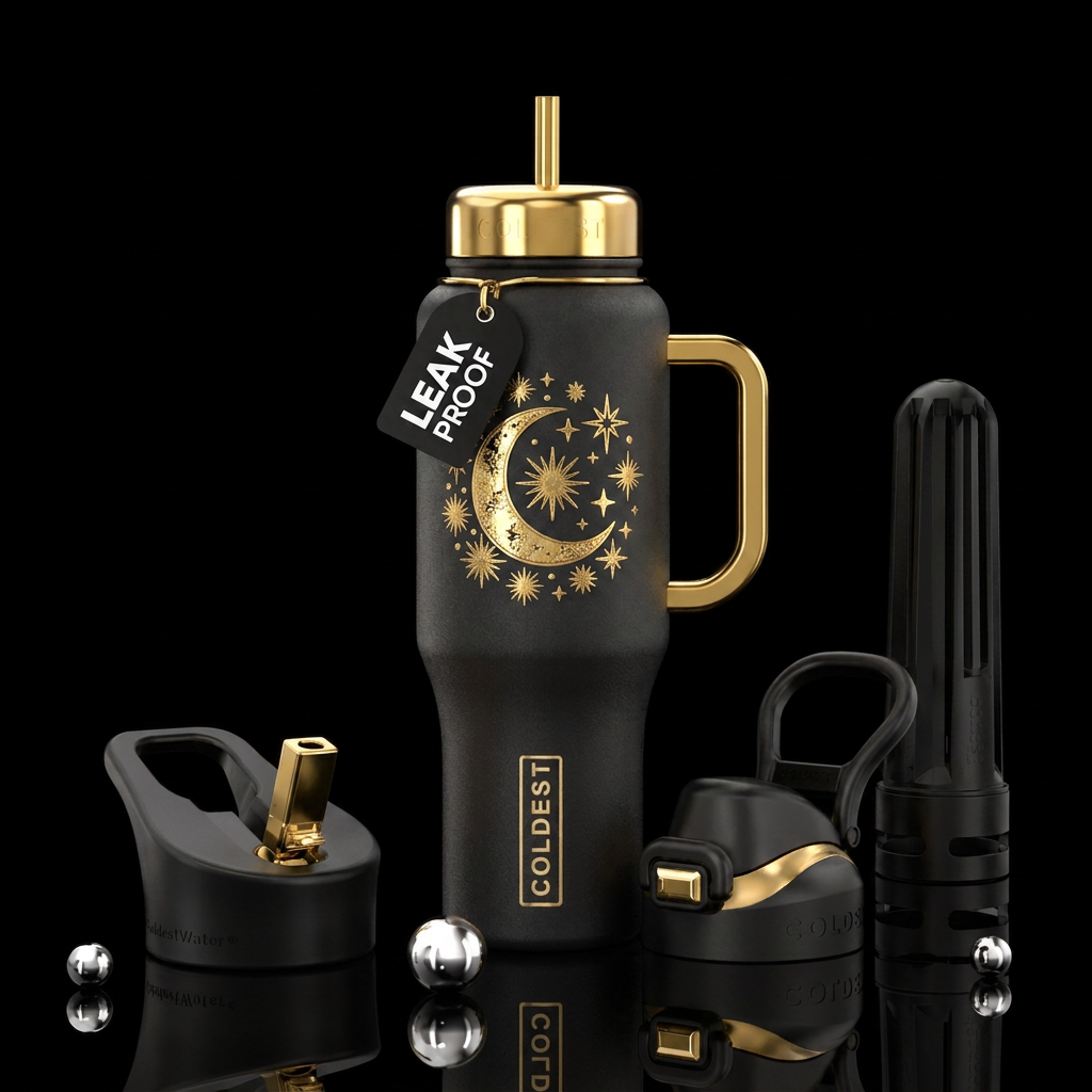 Black bottle with shiny gold handle. Shiny gold de... water bottle design