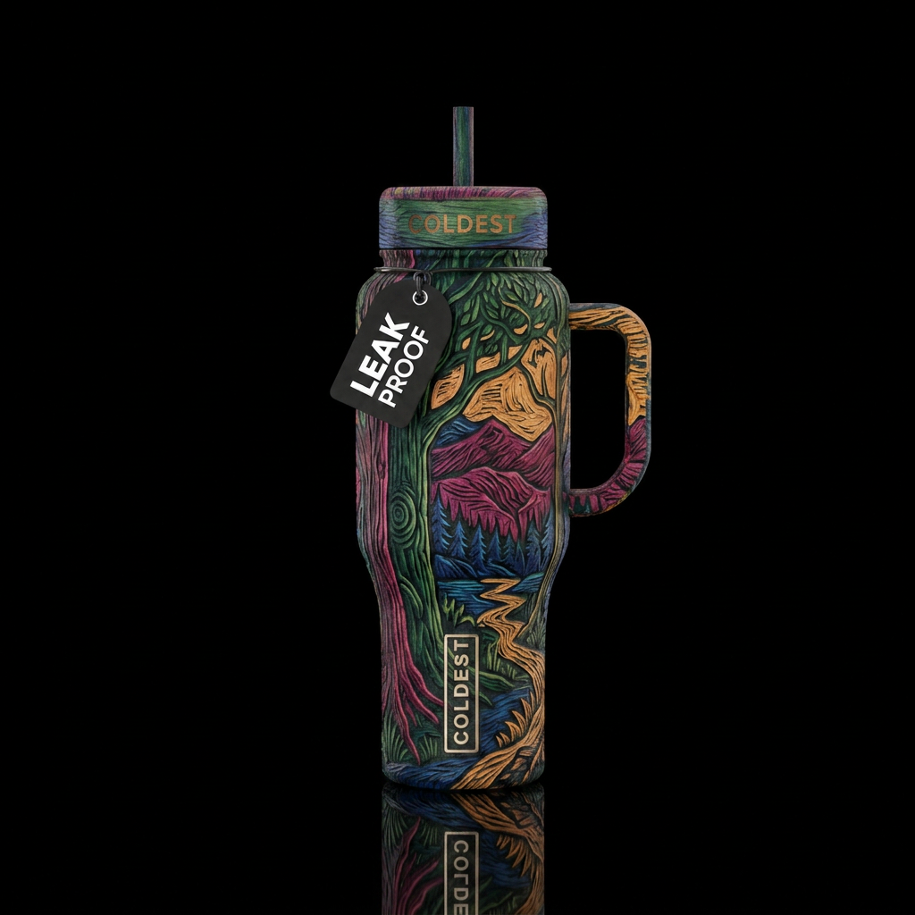 rugged, woodcut water bottle design