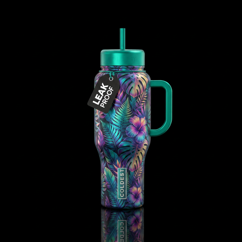 exotic plants, vibrant, irridescent water bottle design