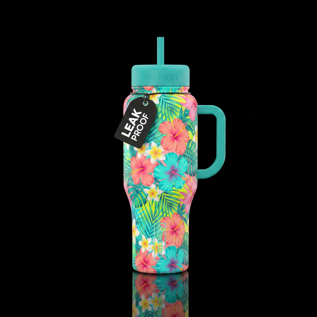 Vibrant Hawaiian floral water bottle design