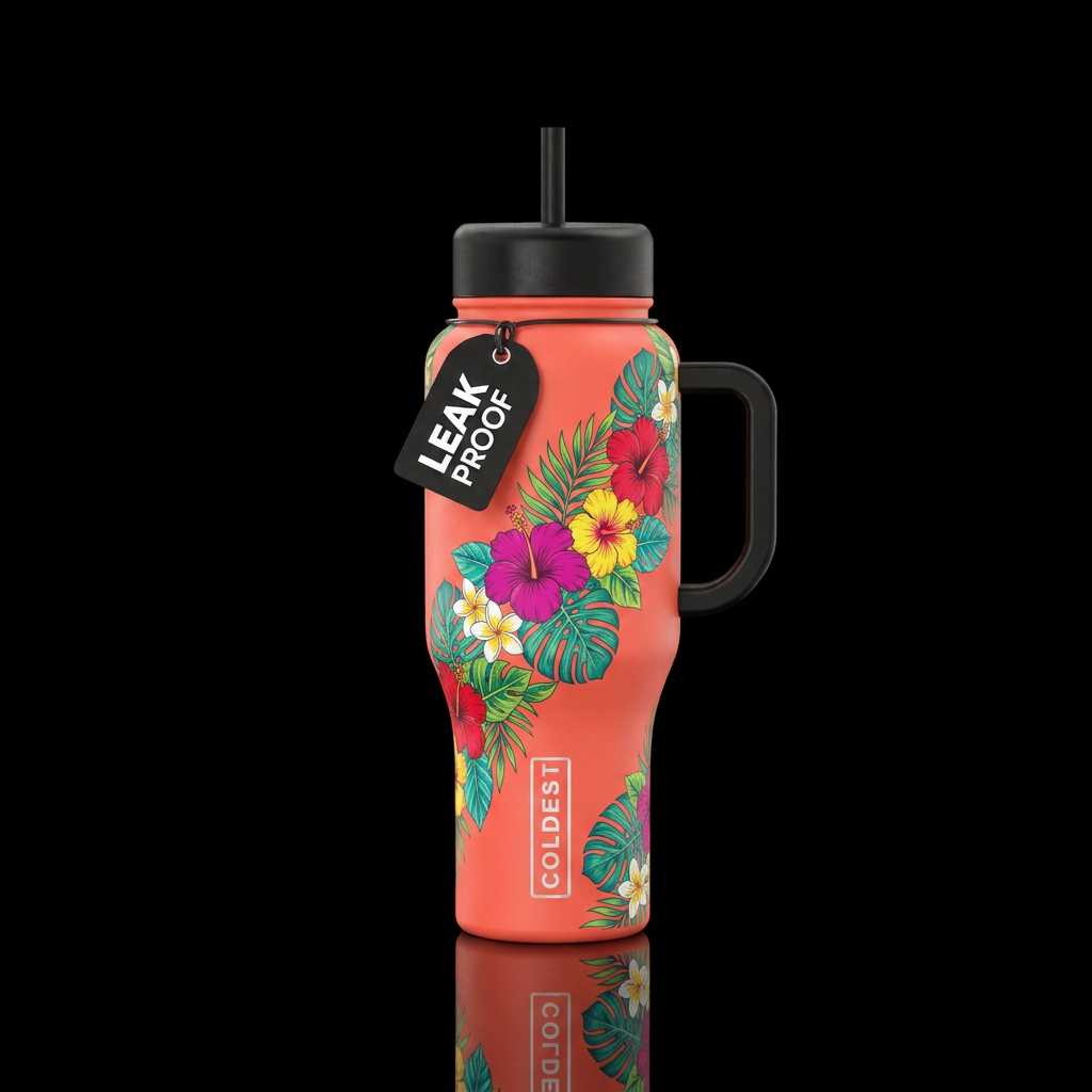 Hawaiian floral diagonal design across solid color... water bottle design