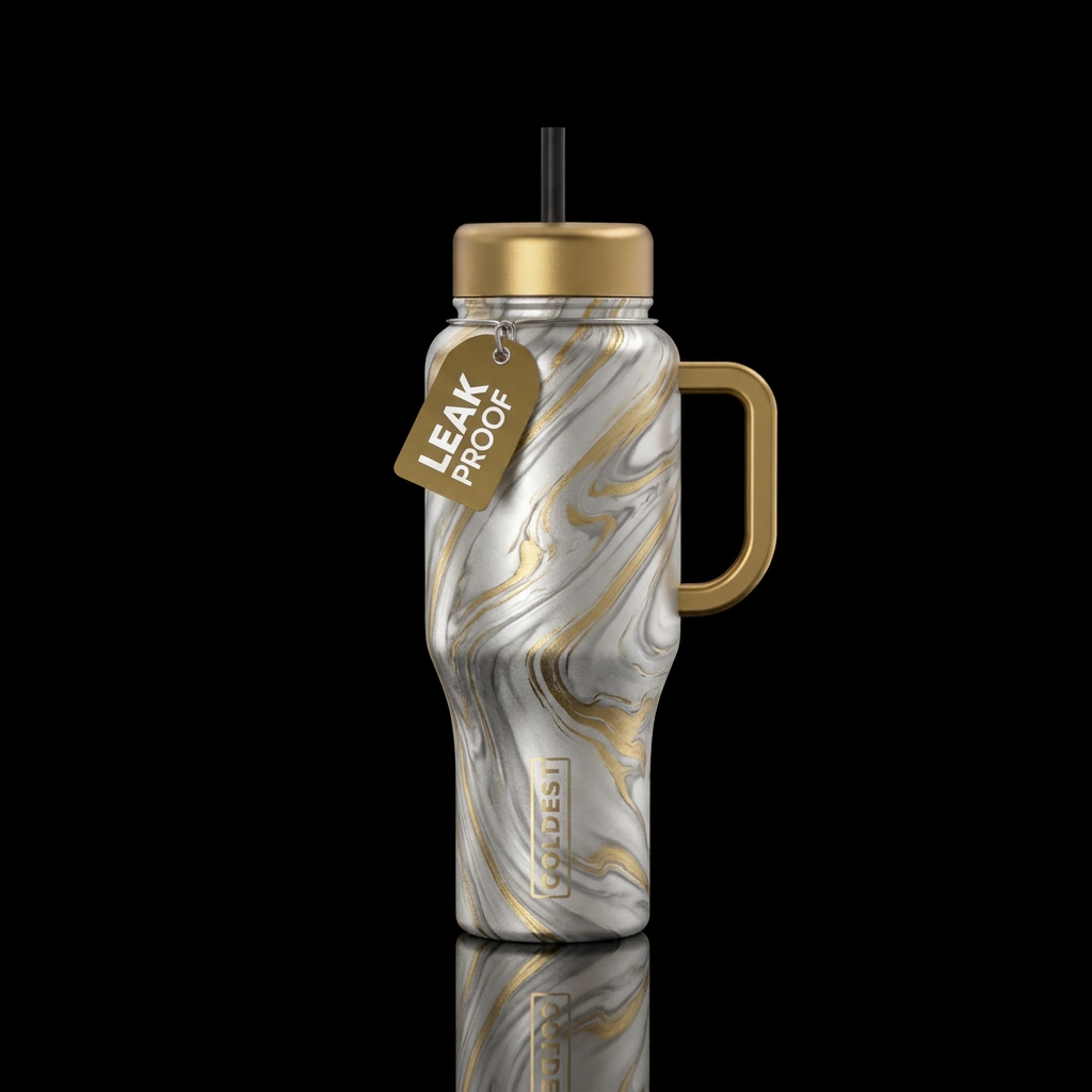 Silver and gold swirled marble water bottle design