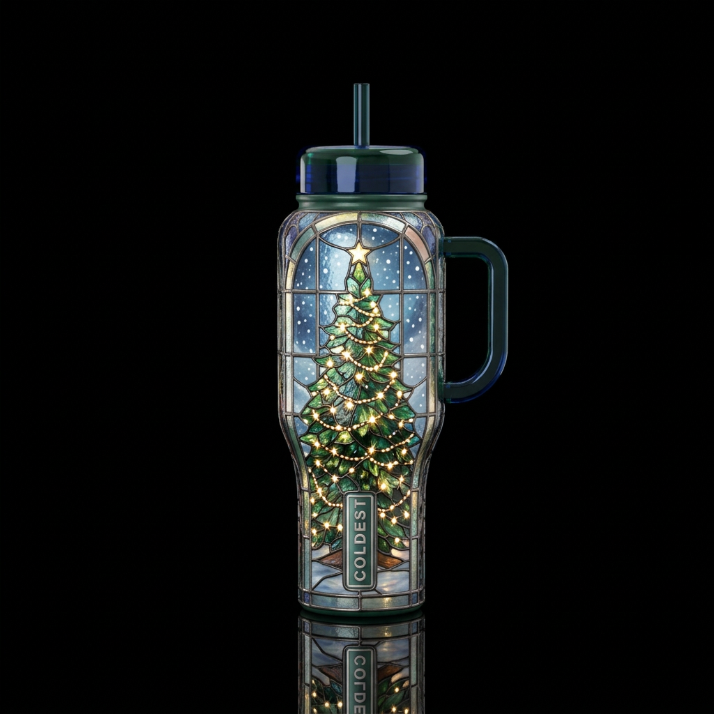 christmas tree with lights with a snowy window in ... water bottle design