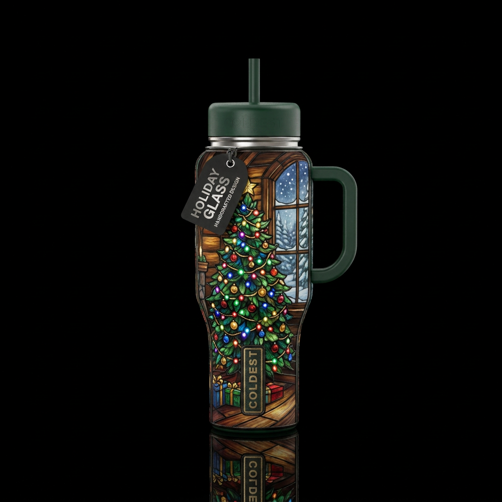 christmas tree with lights with a snowy window in ... water bottle design
