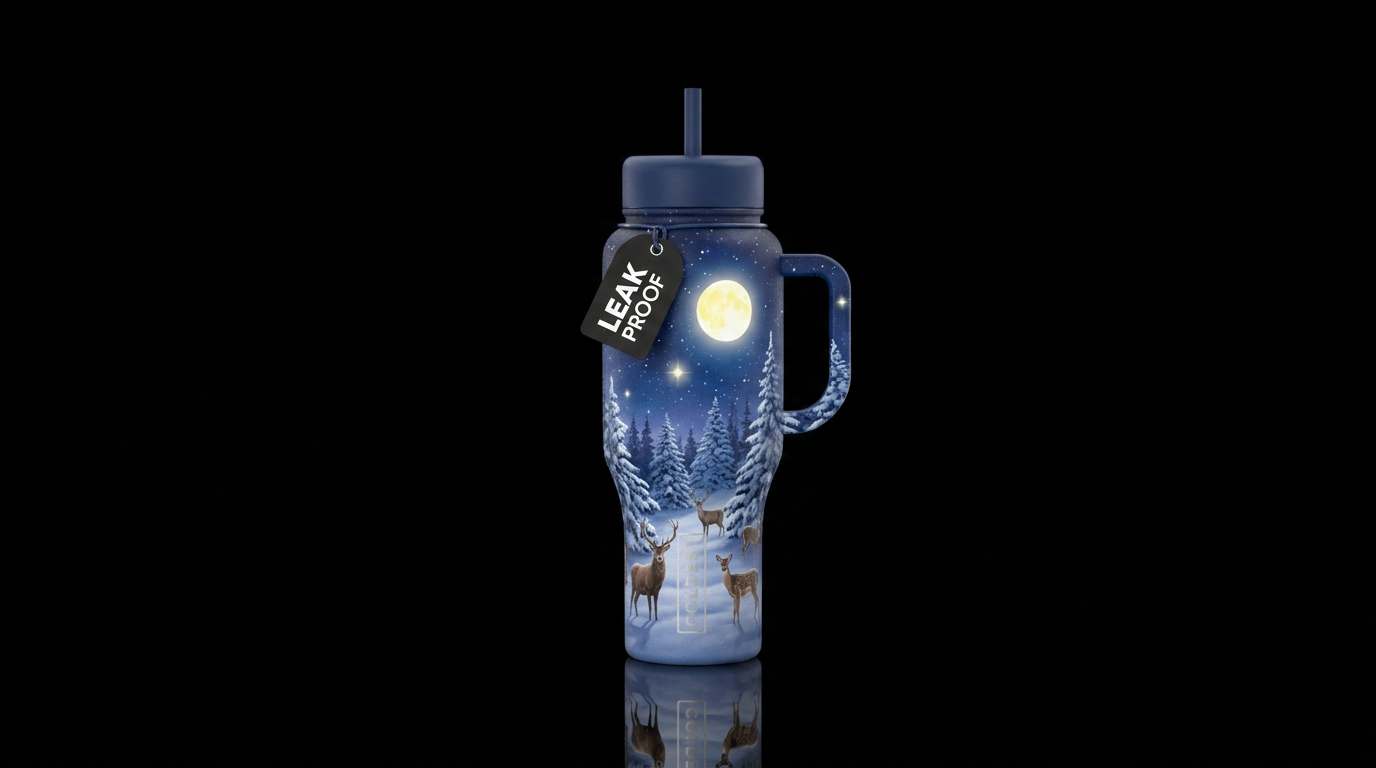 winter, trees, night, stars in the sky, a yellow b... water bottle design