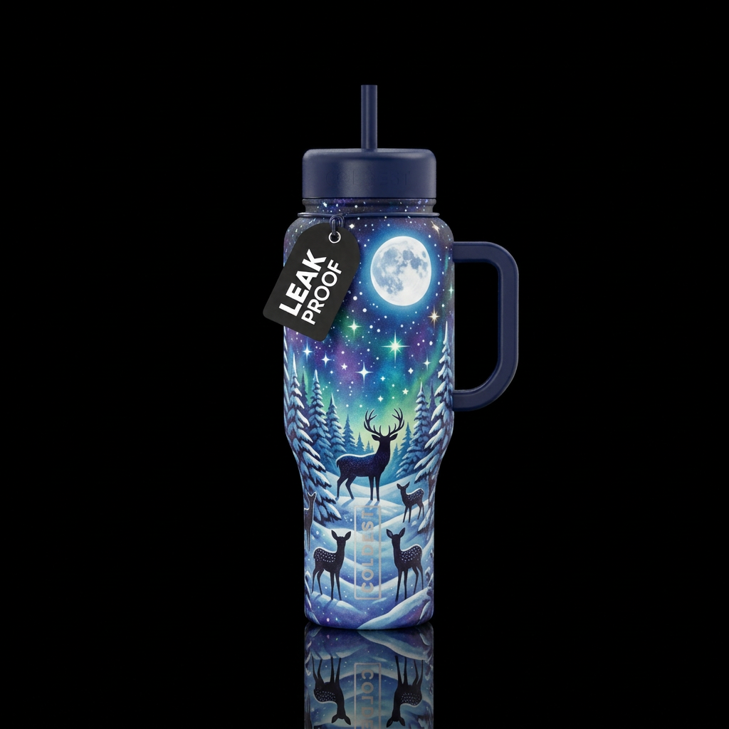 winter, trees, night, stars in the sky, a yellow b... water bottle design