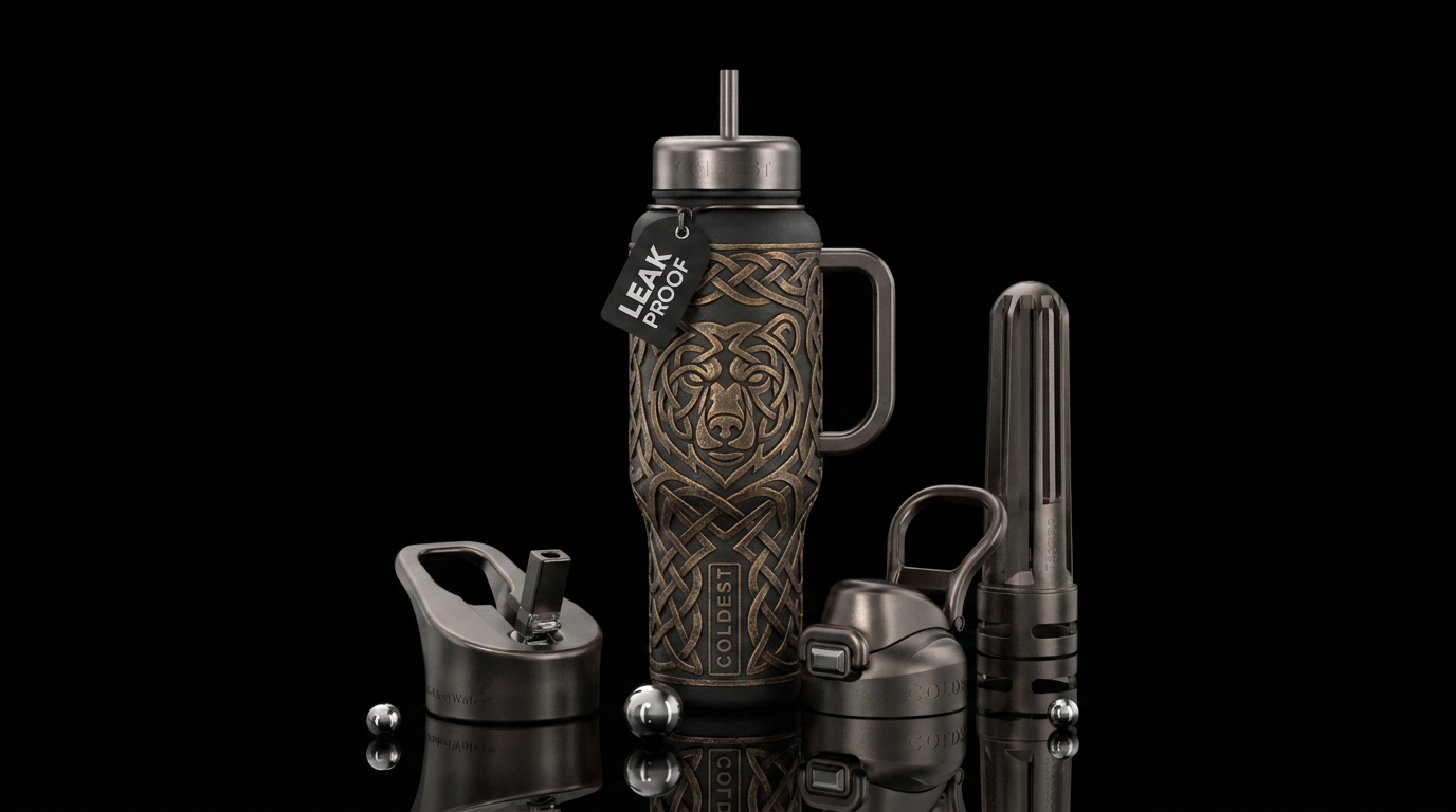 celtic knotwork bear head, bronze, iron water bottle design