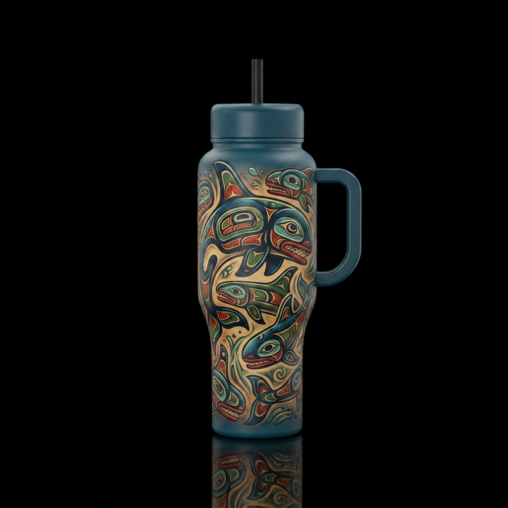 Pacific Northwest native American totem orca, tatt... water bottle design