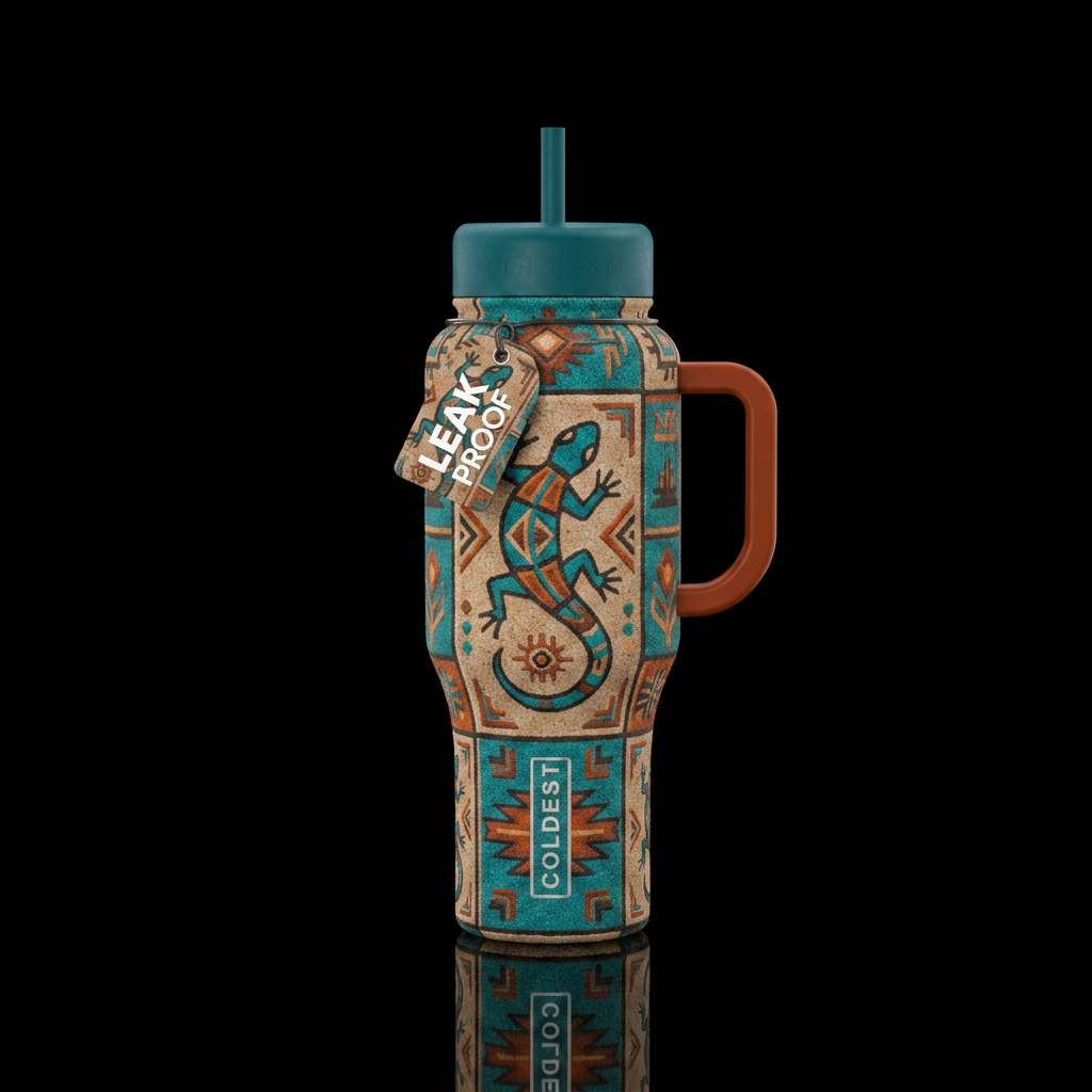 southwest lizard tiled turquoise and orange, sand ... water bottle design