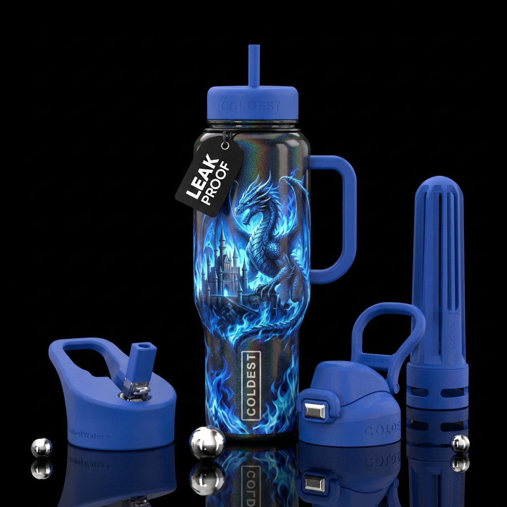 On a rainbow shimmery black background, put a Blue... water bottle design