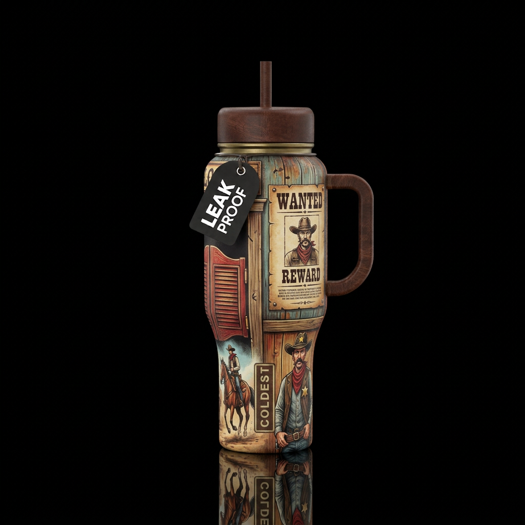 Saloon doors, wanted poster, horse, cowboy, sherif... water bottle design