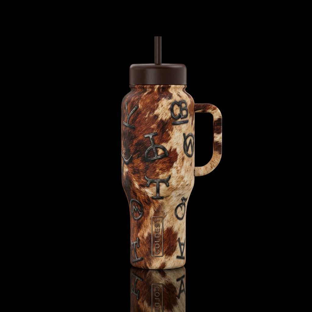 Cowhide back ground with branding irons water bottle design