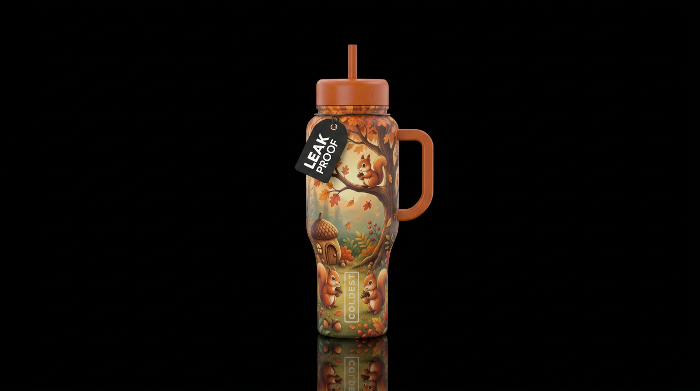 Squirrels, tree, nut house, fall colors, cute, gar... water bottle design